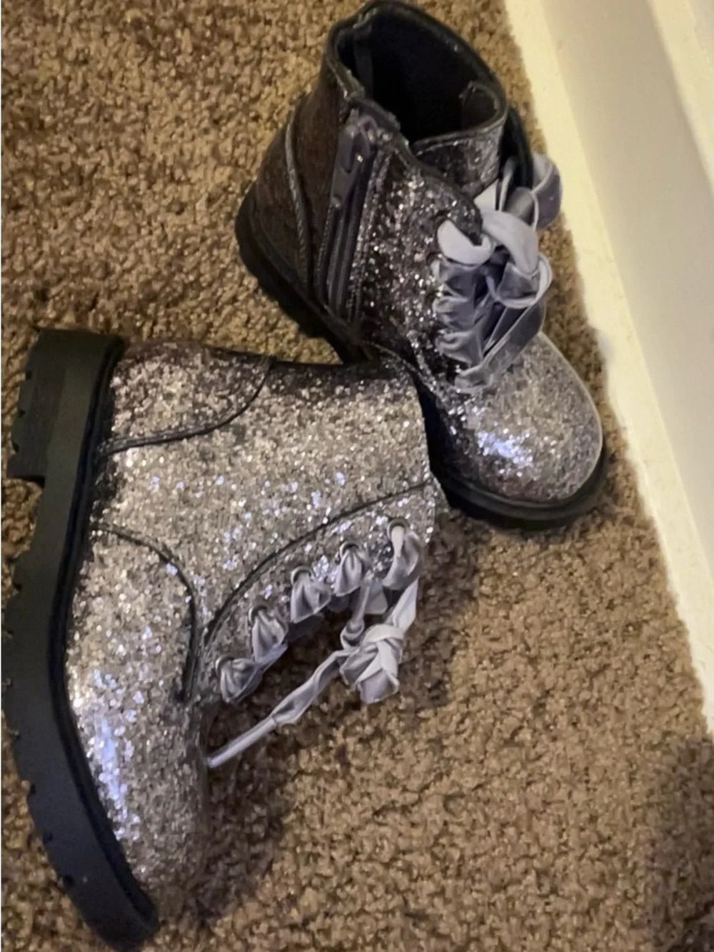 Girls' Silver Glitter Lace-Up Ankle Boots - Toddler Girls